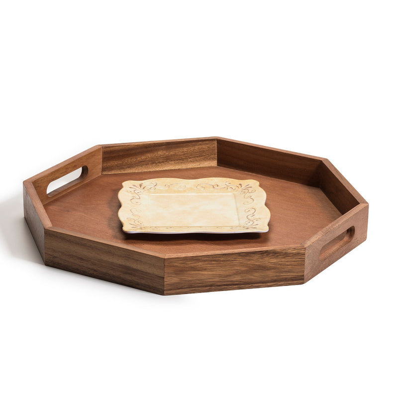 Acacia Wood Octagon Serving Tray –  Rustic Wooden Tray for Coffee Table, Kitchen or Home Decor