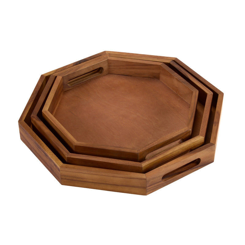 Acacia Wood Octagon Serving Tray –  Rustic Wooden Tray for Coffee Table, Kitchen or Home Decor