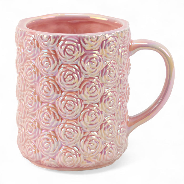 Pink Sculpted Roses Ceramic Mug with Pearlescent Glaze | 12 oz