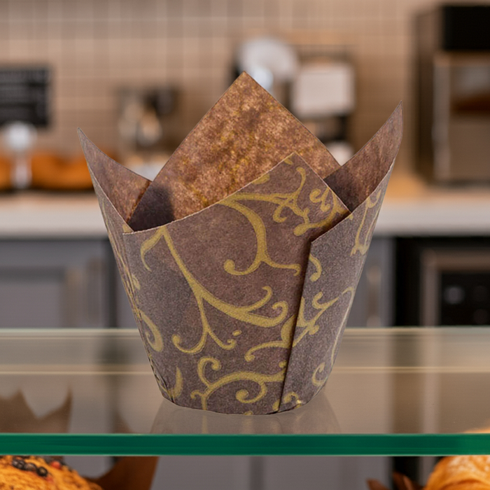 Gold Scroll Tulip Baking Cups 2x2.5x4 Inches, 200-Pack