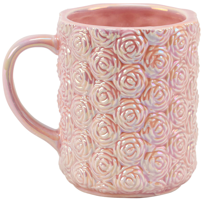 Pink Sculpted Roses Ceramic Mug with Pearlescent Glaze | 12 oz