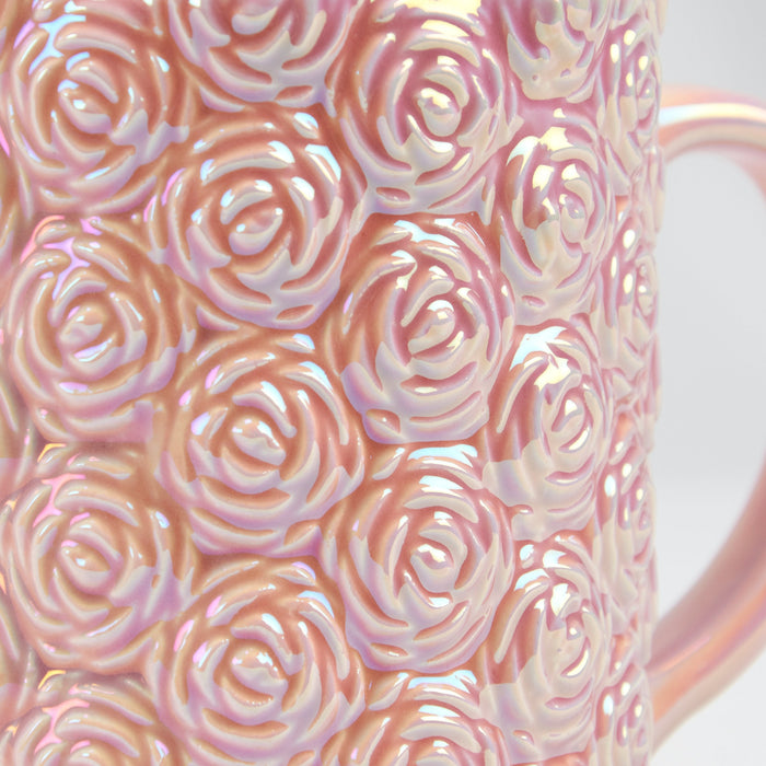 Pink Sculpted Roses Ceramic Mug with Pearlescent Glaze | 12 oz