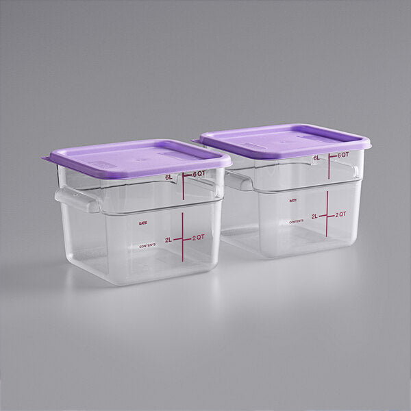 6 Qt. Allergen-Free Clear Square Polycarbonate Food Storage Container and Purple Lid - 2/Pack