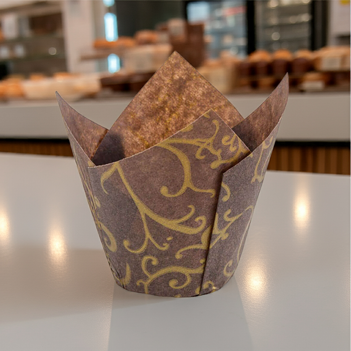 Gold Scroll Tulip Baking Cups 2x2.5x4 Inches, 200-Pack