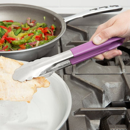 9 1/2 Inch Stainless Steel Scalloped Tongs with Purple Allergen - Free Coated Handle - Kitchen Supply Wholesale - 9 1/2 Inch Stainless Steel Scalloped Tongs with Purple Allergen - Free Coated Handle