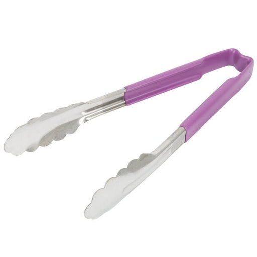 9 1/2 Inch Stainless Steel Scalloped Tongs with Purple Allergen - Free Coated Handle - Kitchen Supply Wholesale - 9 1/2 Inch Stainless Steel Scalloped Tongs with Purple Allergen - Free Coated Handle
