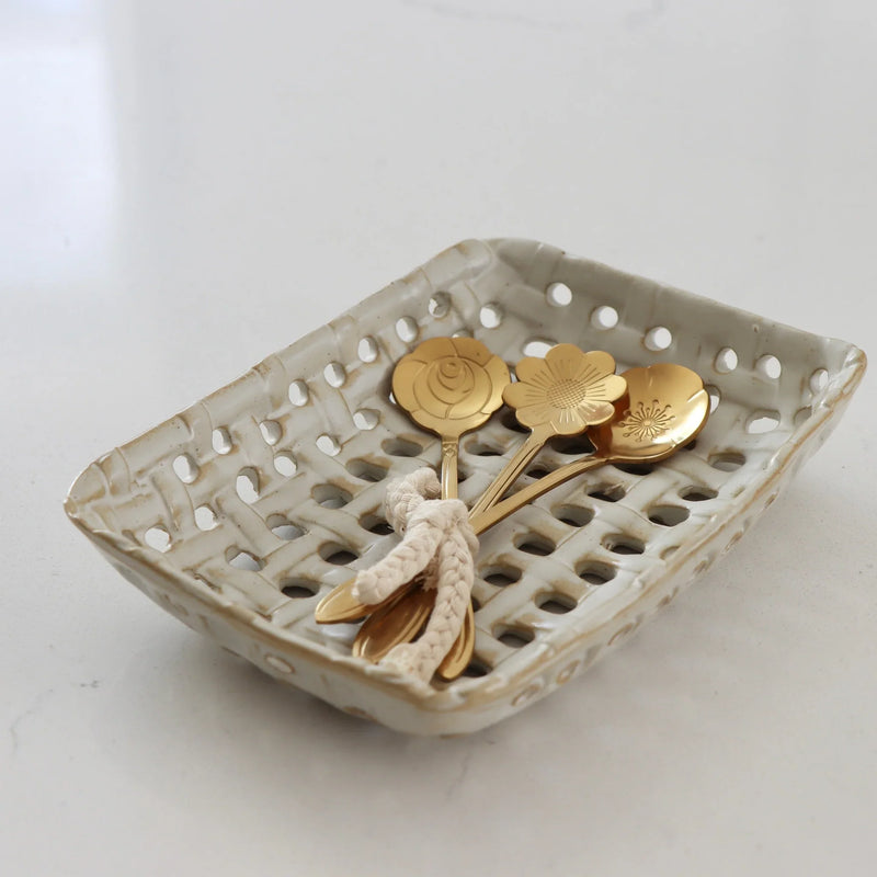 Handmade Reactive Glaze Cream Stoneware Basket Dish