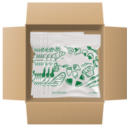 Box of compostable food packaging with illustrations on a white background