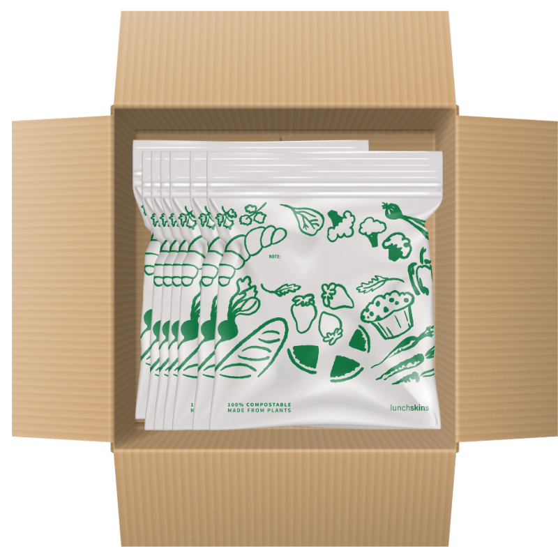 Box of compostable food packaging with illustrations on a white background