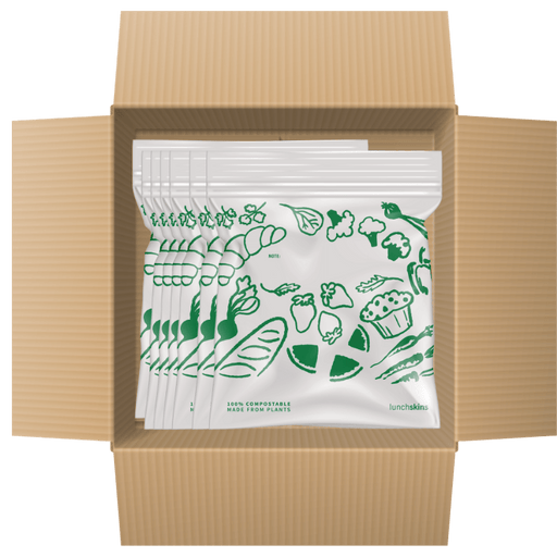 Box of compostable food packaging with illustrations on a white background