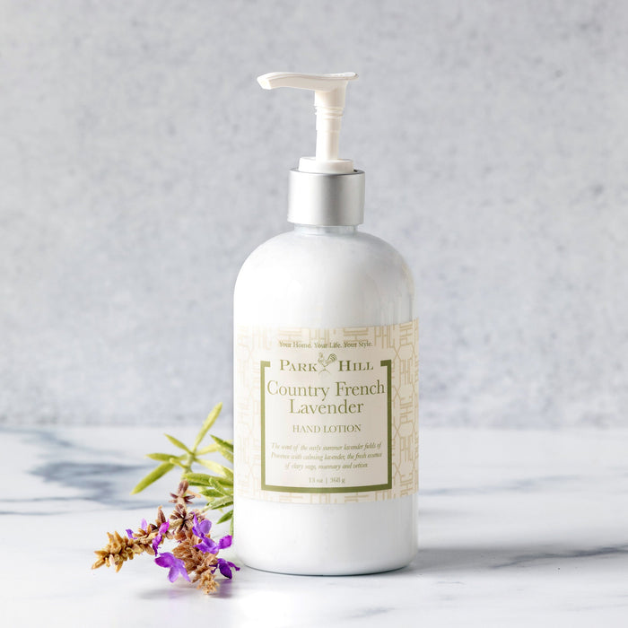 Bottle of Park Hill Country French Lavender hand lotion on a light background
