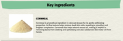 Cornmeal with text about its benefits in skincare on a beige background