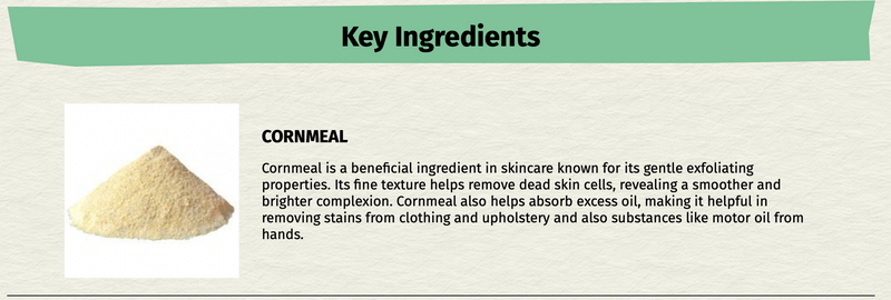Cornmeal with text about its benefits in skincare on a beige background
