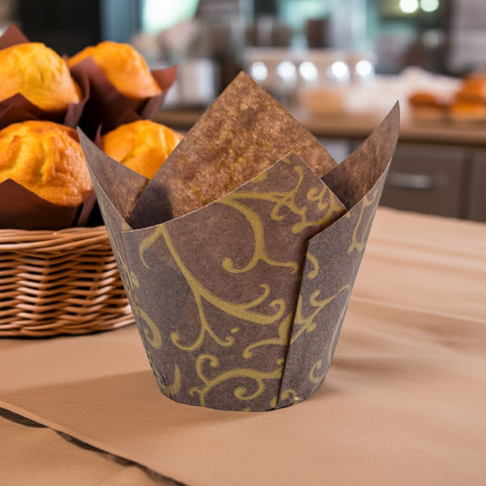 Gold Scroll Tulip Baking Cups 2x2.5x4 Inches, 200-Pack