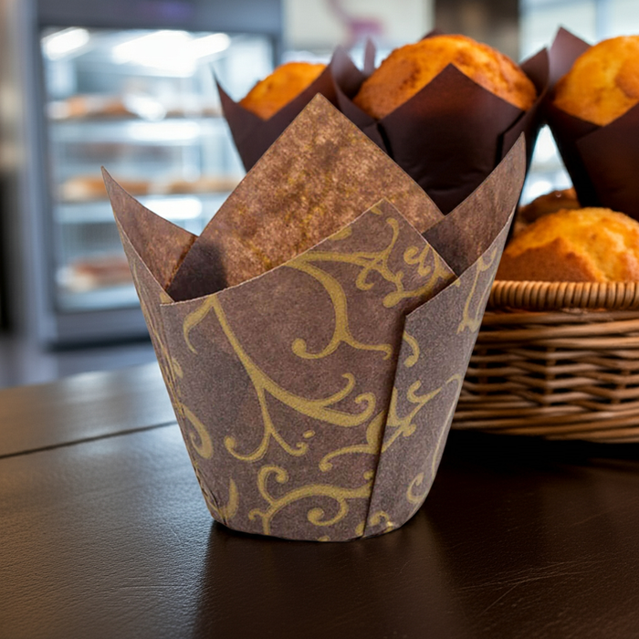 Gold Scroll Tulip Baking Cups 2x2.5x4 Inches, 200-Pack