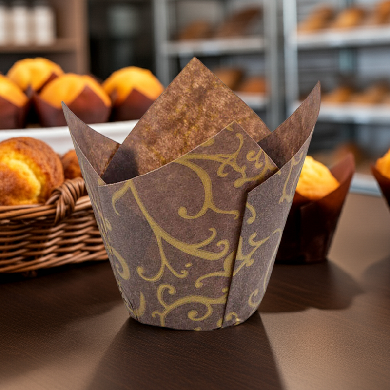 Gold Scroll Tulip Baking Cups 2x2.5x4 Inches, 200-Pack