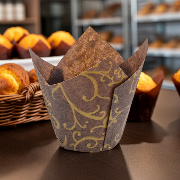 Gold Scroll Tulip Baking Cups 2x2.5x4 Inches, 200-Pack