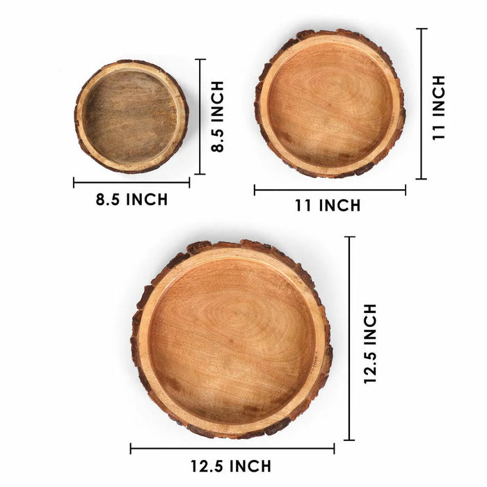 Three wooden bowls with measurements on a white background