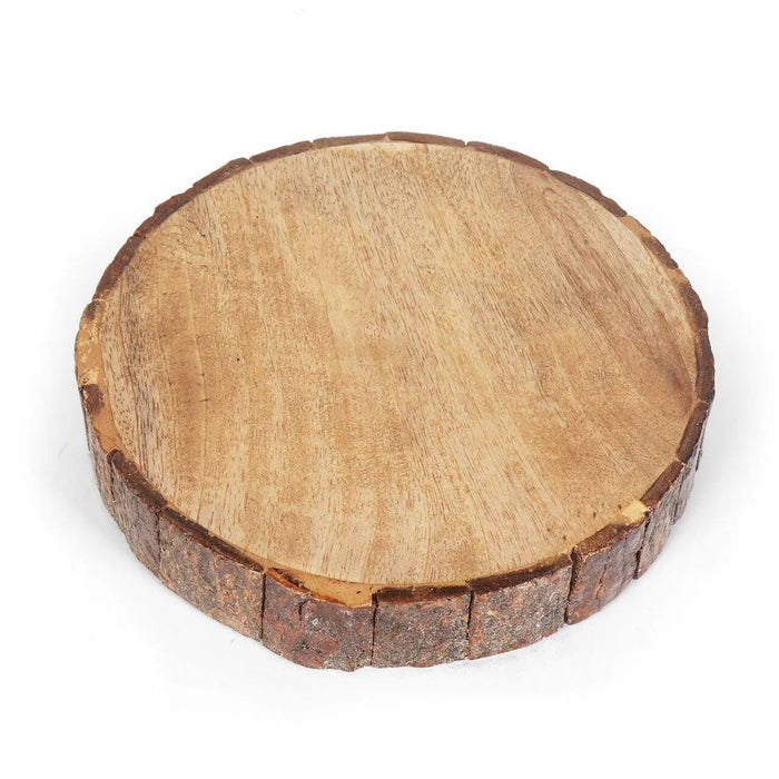 Underside of Round wooden tableware with natural edge on a white background