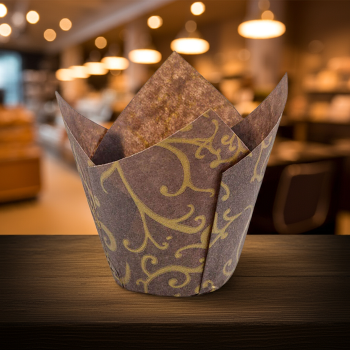Gold Scroll Tulip Baking Cups 2x2.5x4 Inches, 200-Pack