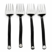 Four black-handled forks with silver tips on a white background
