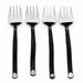 Four black-handled forks with silver tips on a white background