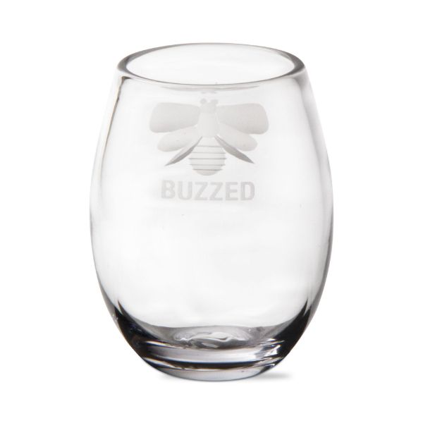Buzzed Stemless Wine Glass 16 ounce, Clear with Bee Etching