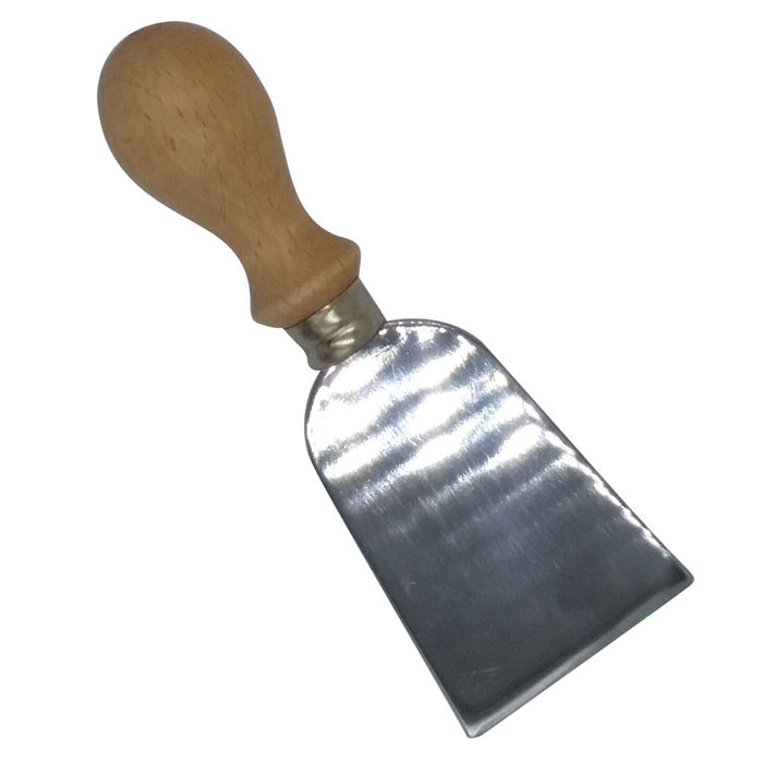 wide stainless cheese knife with wood handle