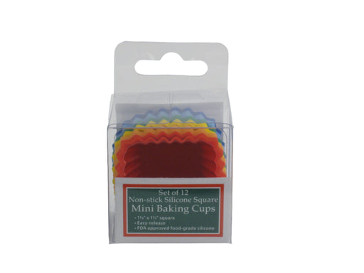 Package of 12 mini baking cups, non-stick silicone square liners for muffins, brownies, cupcakes and quick breads