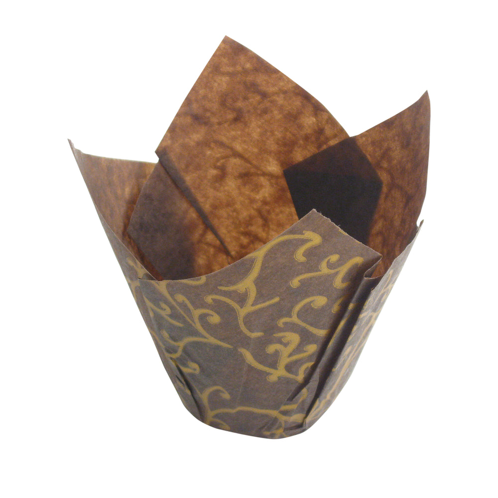 Paper Tulip Baking Cups Brown/Gold Scroll, 25-pack