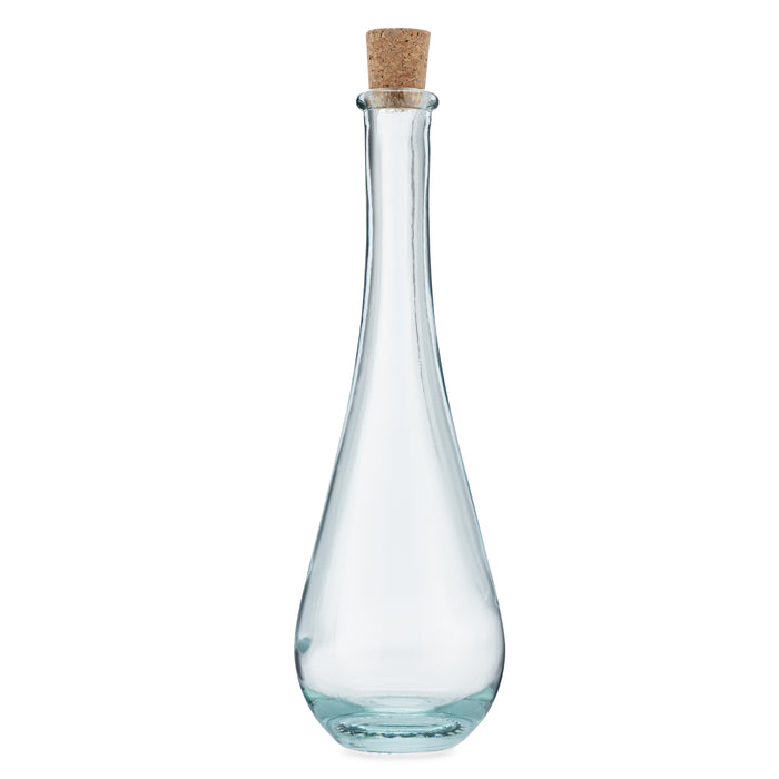 Elegant, retro green glass crafted by European artisans. The unique, decorative green glass bottles with cork stoppers are imported from Spain. They are perfect for olive oil, infused vinegar, bath salts, or decoration. The teardrop-shaped bottle holds approximately 10 ounces.