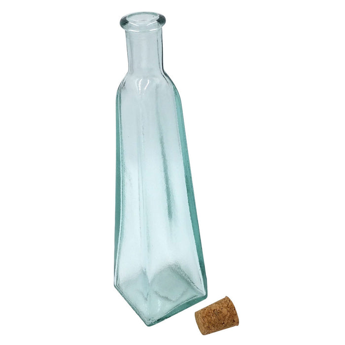 corked green glass olive oil bottle with tint pyramid shape